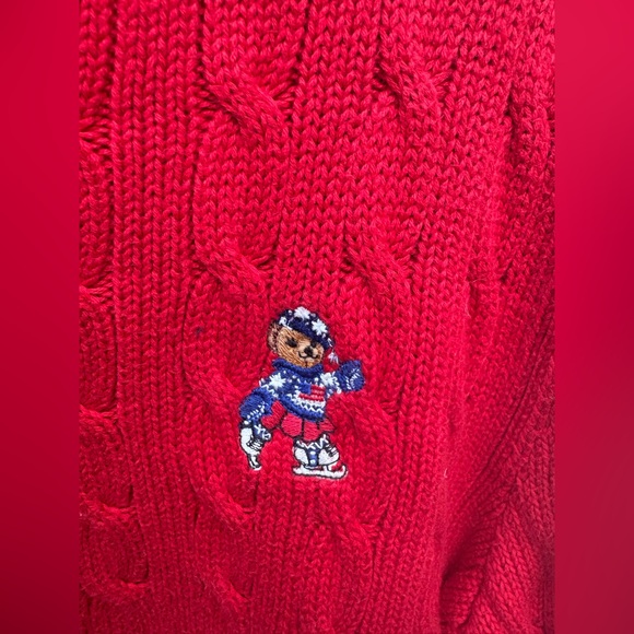 Vintage Ralph Lauren cable knit Teddy Bear Skiing Sweater Red 100% cotton large - Picture 3 of 8